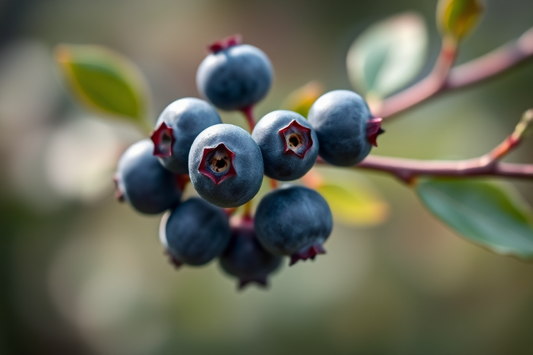 macro shot of blueberries on a branch with a soft bokeh background, f/2.8 aperture, ISO 100, 50mm lens, natural light, DSLR camera