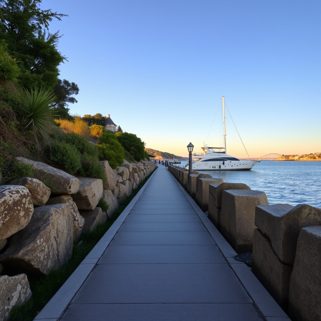 Regenerate a high-resolution image of a scenic waterfront pathway lined with rock formations and greenery, featuring a boat docked in the background under a clear blue sky, captured with a DSLR camera, aperture f/8, ISO 200, shutter speed 1/250s, wide-angle lens, taken at golden hour for enhanced warmth and clarity.