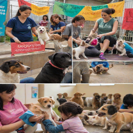 Heartwarming scene at a pet shelter, volunteers caring for dogs and cats, children interacting with the animals, and colorful banners promoting the adoption event.