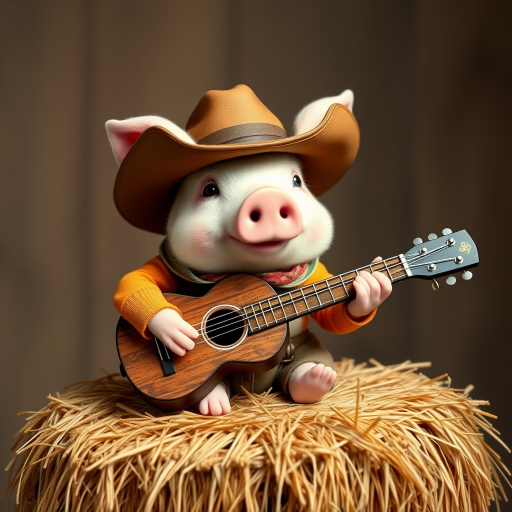 A chibi pig, dressed as a cowboy, playing guitar, sitting on a hay bale