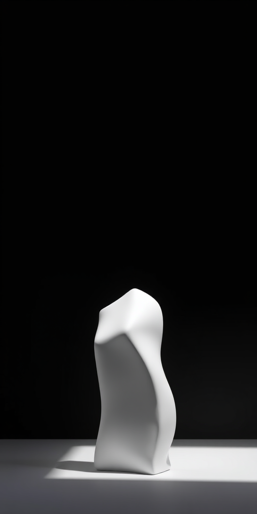 Create a high-resolution digital illustration of a minimalist white sculpture standing against a black background with soft lighting, using a Canon EOS R5 camera with a 50mm f/1.2 lens, aperture set to f/4, ISO 100, at a 45-degree angle view to enhance depth and shadow details.