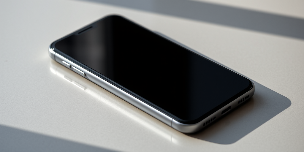 Generate a high-resolution image of a modern smartphone lying at a slight angle on a flat surface, with a clean black screen, using a DSLR camera with a 50mm lens, aperture f/2.8, ISO 100, 1/60 sec shutter speed, soft natural lighting, and a shallow depth of field.
