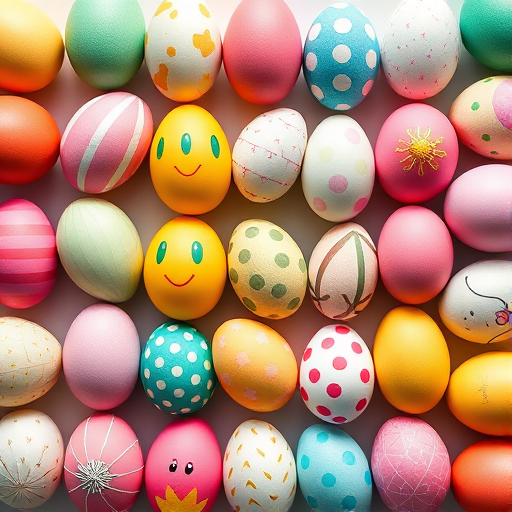 Create a high-resolution image of colorful decorated Easter eggs arranged in a grid pattern, using a DSLR camera with a 50mm lens, f/2.8 aperture, ISO 200, and a light box setup for soft lighting.
