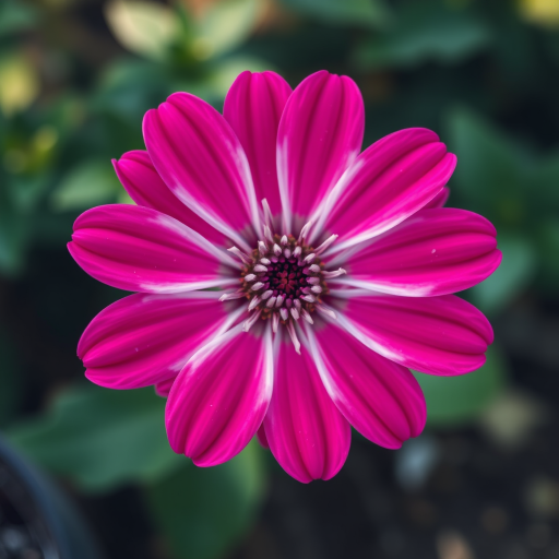 Regenerate the image of a pink flower with the following settings: camera type - DSLR, camera lens - 50mm f/1.8, camera view - top-down perspective, aperture - f/2.8, ISO - 100, shutter speed - 1/200s, natural lighting, saturated colors, soft focus background.