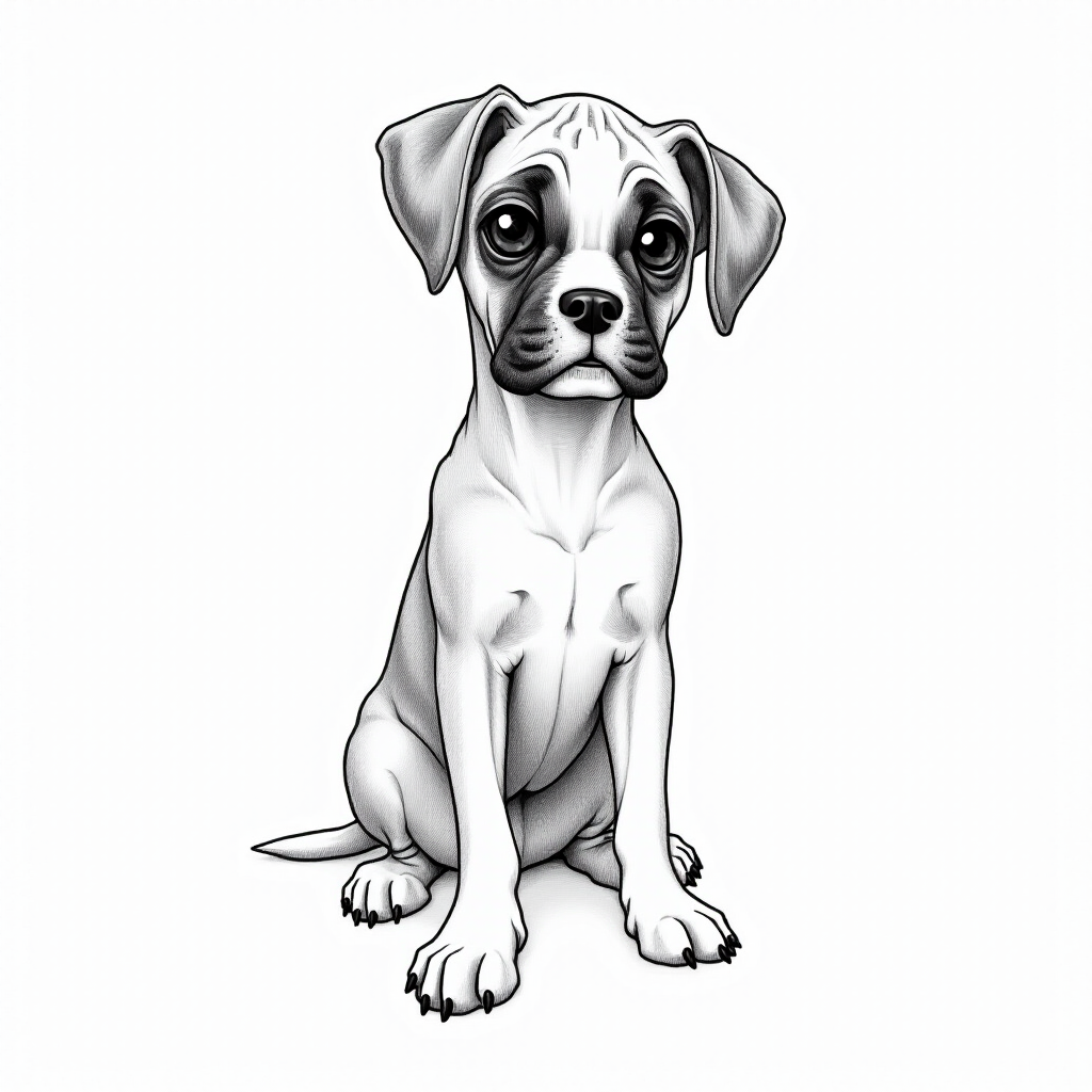 A doodle style pencil sketch illustration of a beautiful young Boxer dog, with large eyes and exaggerated facial features. White background