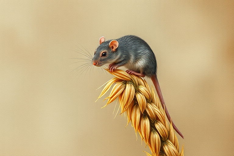Soft, muted Alcohol Ink with ebru effect background image of tiny whimsical rat, who climbed high on the top of a golden rye ear.