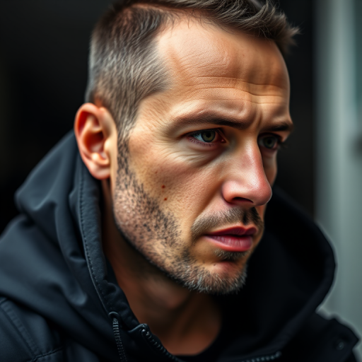 Regenerate a side profile portrait of a man with a focused expression, wearing a black hooded jacket, captured with a Canon EOS 5D Mark IV, aperture f/2.8, shutter speed 1/200s, ISO 400, natural lighting, shallow depth of field to enhance the background blur.