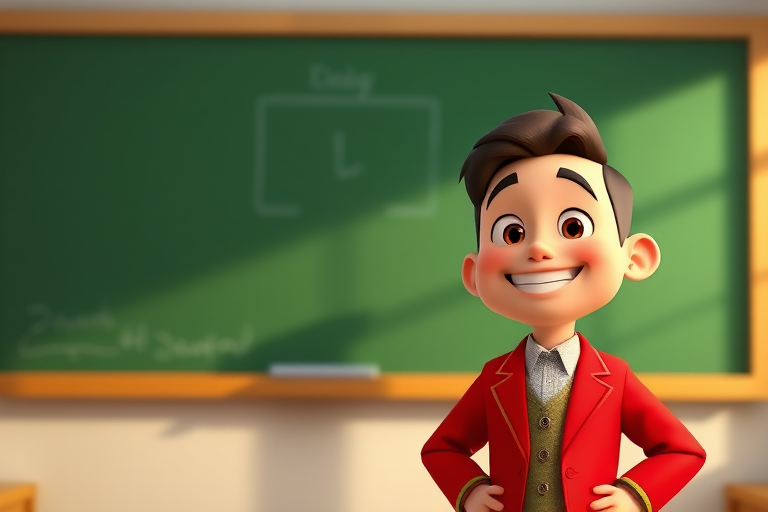Create an image of an animated character in a red blazer standing next to a green chalkboard, with a bright, cheerful expression, using a digital art style, with a resolution of 1920x1080, soft lighting, and depth of field effects.