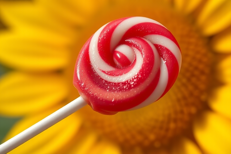 Close-up of a red and white swirled lollipop with a blurred yellow sunflower background, shot with a Canon EOS 5D Mark IV, 100mm f/2.8 macro lens, aperture f/4, shutter speed 1/200s, ISO 100, natural lighting for vibrant colors.