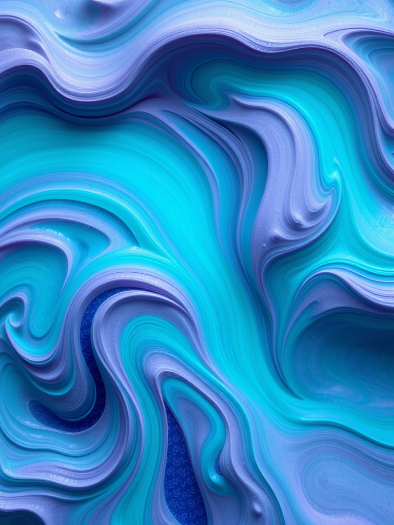 Abstract image of swirling teal and lavender colors with high detail, captured with a DSLR camera at f/8 aperture, 1/125 sec shutter speed, ISO 100, macro lens, top-down view, soft lighting, and high-resolution settings to enhance clarity and texture.