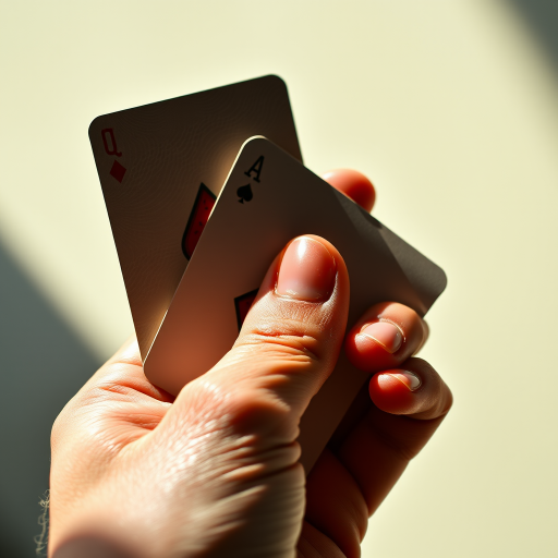 a hand holding playing cards with a focus on detailed textures and shadows, shot with a Canon EOS R5 at f/4, ISO 100, 50mm lens, in natural soft lighting, from a slightly elevated angle for depth and perspective