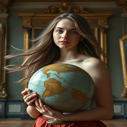 Create a hyper-realistic digital painting of a young woman with flowing hair holding a cracked globe, set against a grand gallery background with ornate frames, soft natural lighting, captured with a Canon EOS R5 at f/2.8, ISO 100, 24mm lens, wide-angle view for depth and detail.