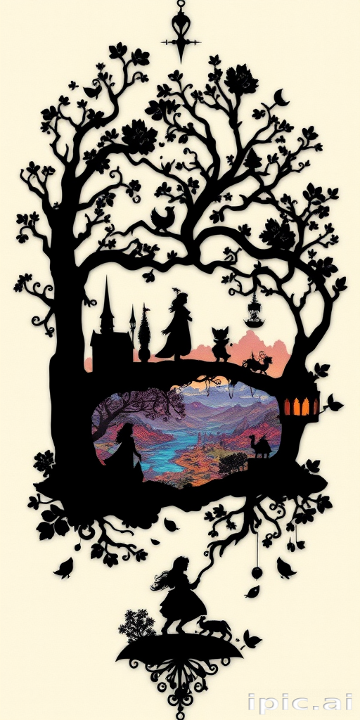Enchanting "Fairy Tale Silhouette" tattoo design featuring intricate scenes from beloved stories rendered entirely in solid black, with delicate cutout details revealing glimpses of colorful, fantastical landscapes beneath, creating a captivating interplay between light and shadow that brings childhood memories to life in a sophisticated, artistic form