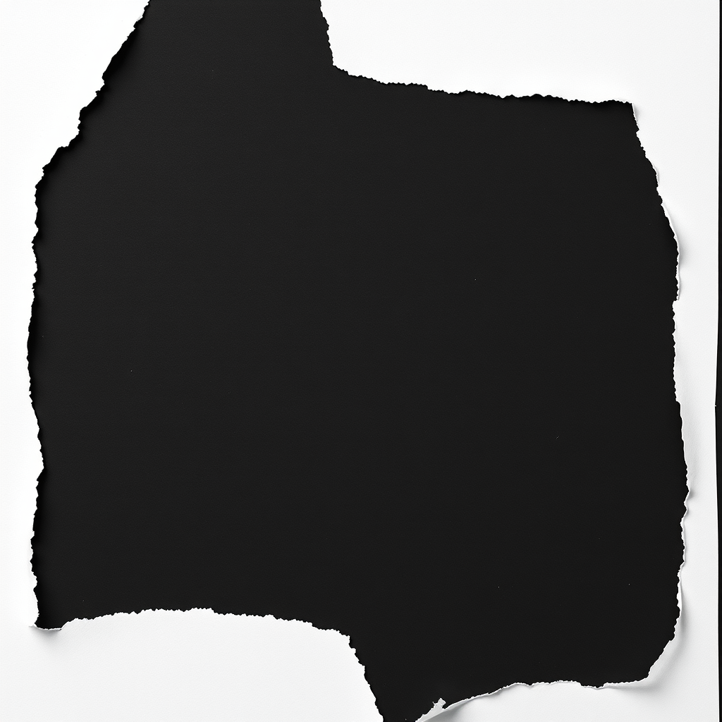 Generate a high-quality image of a torn white paper frame on a black background, using a DSLR camera with a 50mm lens, aperture f/2.8, ISO 100, shutter speed 1/125s, in a soft focus style.