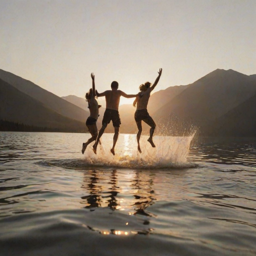 Blurry, candid photo of a group of friends jumping into a lake at sunset, water splashing around them, distant mountains silhouetted against the sky, soft golden light reflecting off the water, and the sound of laughter filling the air.
