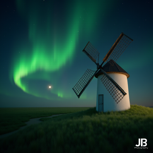 An ultra-realistic and highly detailed 4d, uhd photograph capturing a white windmill with wooden blades located in a green field. The night sky in the background is illuminated by an aurora borealis, which displays vibrant colors of green and red, blending together in a magical way and spreading across the firmament dotted with stars. The aurora borealis creates an impressive and dazzling visual effect, standing out against the dark sky. In the bottom right-hand corner of the image is a logo with the letters 'JB' and the word 'Photography'. The composition of the image combines the traditional element of the windmill with the extraordinary natural phenomenon of the Northern Lights, creating a unique and breathtaking scene.