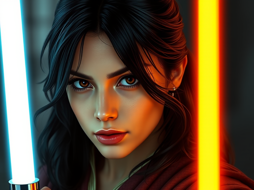 realistic image of a black haired woman, she is holding a orange lightsaber