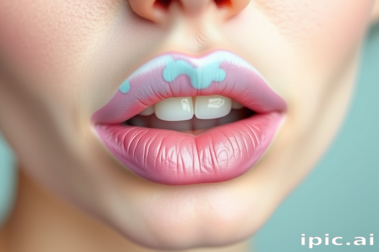 Watercolor-effect pastel lips bloom with artistic beauty in the "Impressionist Dream" style, showcasing a soft blend of pale pink, lavender, and mint hues that seamlessly merge to create a dreamy, painterly effect, perfect for avant-garde fashion shows or creative editorial makeup looks