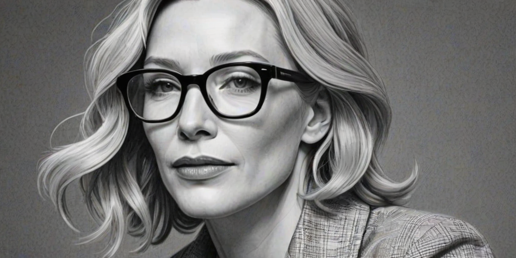 Beautiful Cate Blanchett, pencil sketch, portrait of beautiful woman 60s in glasses, hair style beatnik, outline, clear lines, fine lines, 8k