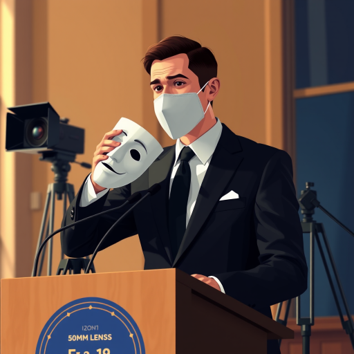 Create a high-quality digital illustration of a man in a suit holding a white mask while standing at a podium, with a vintage film camera on a tripod in the background, using a 50mm lens at f/2.8, natural lighting, and a soft-focus effect for a cinematic style.