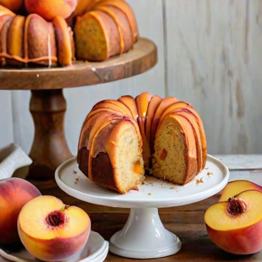 Create an image of a beautifully baked peach bundt cake. The cake should have a golden brown exterior and be generously topped with a glossy glaze. Show a slice cut out to reveal the moist, inviting interior filled with slices of fresh peaches. The cake is displayed on an elegant white cake stand with a rustic wooden background.