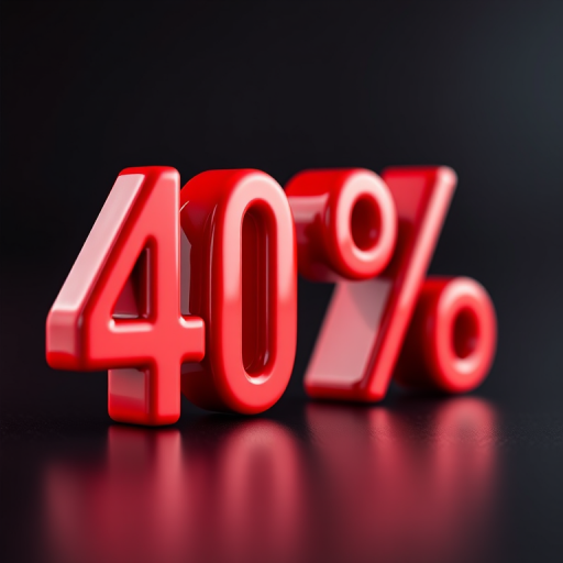 Create a 3D text representation of "40%" with a glossy red finish, using a DSLR camera with a 50mm lens, aperture f/2.8, ISO 100, and a shallow depth of field to focus on the text while blurring the background.