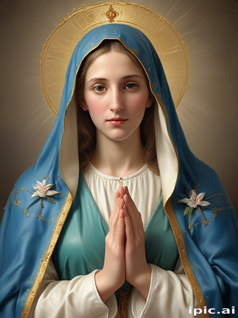 Serene Portrait of the Virgin Mary with Praying Hands and Halo