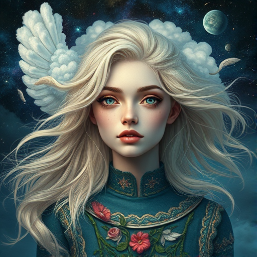 Create a series of imaginative portraits where each subject is infused with elements of fantasy and nature. The hair of the individuals should flow like clouds, varying from soft, fluffy cumulus to wispy cirrus strands, with hints of color reflecting a sunset or a clear blue sky. The eyes should be windows to entire galaxies, with stars, nebulae, and distant planets visible within them. Clothing should be adorned with nature motifs, such as floral patterns that bloom and change, vines that seem to grow and wrap around, or feathers that shimmer with iridescence. Each portrait should capture a unique personality, blending human features with the ethereal beauty of the natural and cosmic world. The backgrounds can vary, from starry night skies to enchanted forests, adding depth and context to the magical realism of the portraits