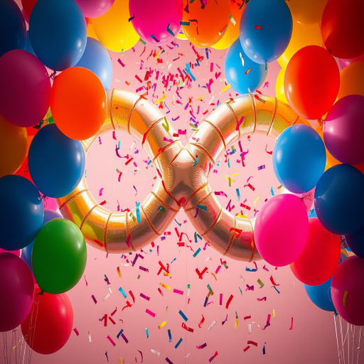 create an image of an infinite symbol made of colorful balloons with confetti cascading down, shot with a DSLR camera using a 50mm lens, aperture f/2.8, shutter speed 1/100 sec, ISO 200, from a high angle for a vibrant and festive atmosphere