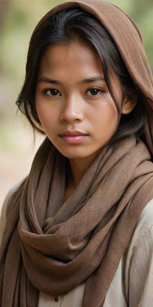 Create a portrait of a young Cambodian male with long, dark hair and captivating hazel eyes. She is wearing a brown headscarf and a matching scarf draped gracefully around her neck. The background is softly blurred, focusing attention on her serene and natural expression. The overall color palette is muted and warm, enhancing the intimate and authentic feel of the portrait.
