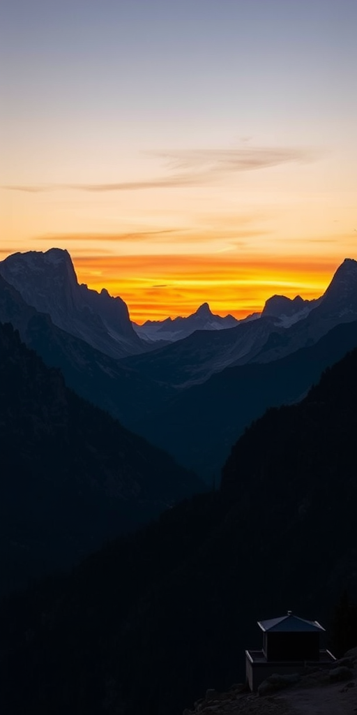 Generate a dramatic landscape of majestic mountains at dusk, with deep shadows and vibrant sunset hues, using a Canon EOS R5 with a 24mm f/1.4 lens, aperture set to f/8, ISO 100, and a shutter speed of 1/125s, capturing a wide-angle view for depth and detail.