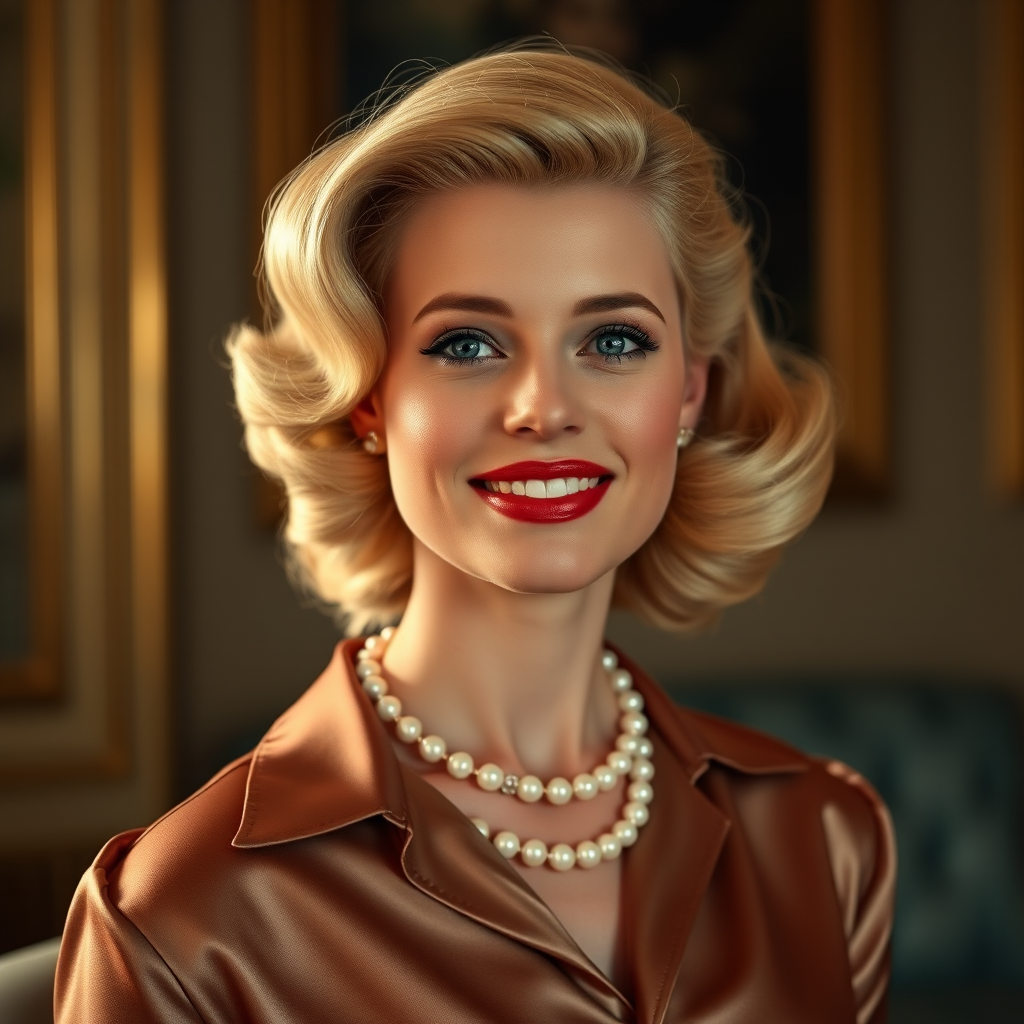 A beautiful Georgian woman reminiscent of 1950s Hollywood glamour, with perfectly styled blonde hair and a seductive smile, dressed in a satin blouse and adorned with pearls, soft and warm tones, photorealistic, 8K