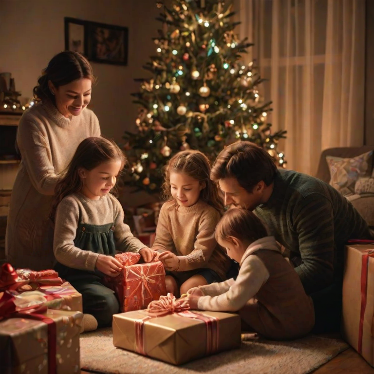 Warmly lit photo of a family gathered around a Christmas tree, children eagerly unwrapping gifts, soft glow from the tree lights casting festive shadows, with the smell of pine and cinnamon filling the air.