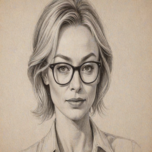 Delightful Portia de Rossi, pencil sketch, portrait of Enchanting woman 1972s in glasses, hair style beatnik, outline, clear lines, fine lines, 8k