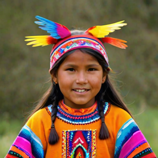 A beautiful Quechua girl, wearing colorful bird clothing with vibrant colors