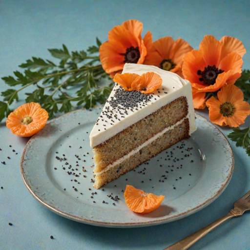 Generate an image of a slice of cake on a decorative plate. The cake is light in color with visible poppy seeds and has a creamy frosting. Surround the cake with orange slices and green leaves for a fresh presentation. Include a fork beside the plate and a soft blue background.