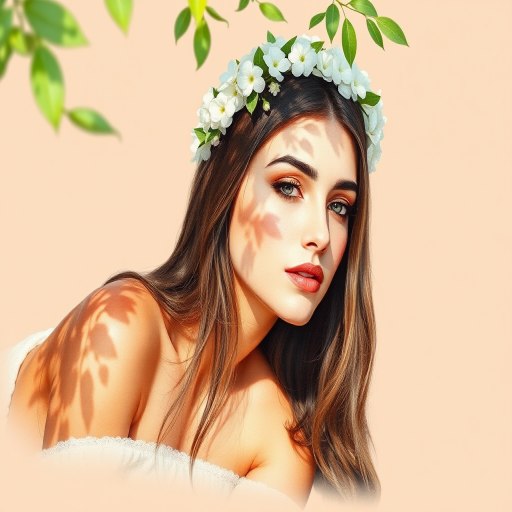 create a watercolor painting of an ethereal portrait of beautiful Assyrian woman with a simple white flower crown on her head. Her hair is long and she is lying on the ground. The sunlight on the trees casts shadows from the leaves on her face and body. The background is a neutral brown color that matches her skin tone. The image is minimalist and solid colors. This style is characterized by soft, delicate brushstrokes and a light, airy, contrasting color palette. High level of detail and play of light