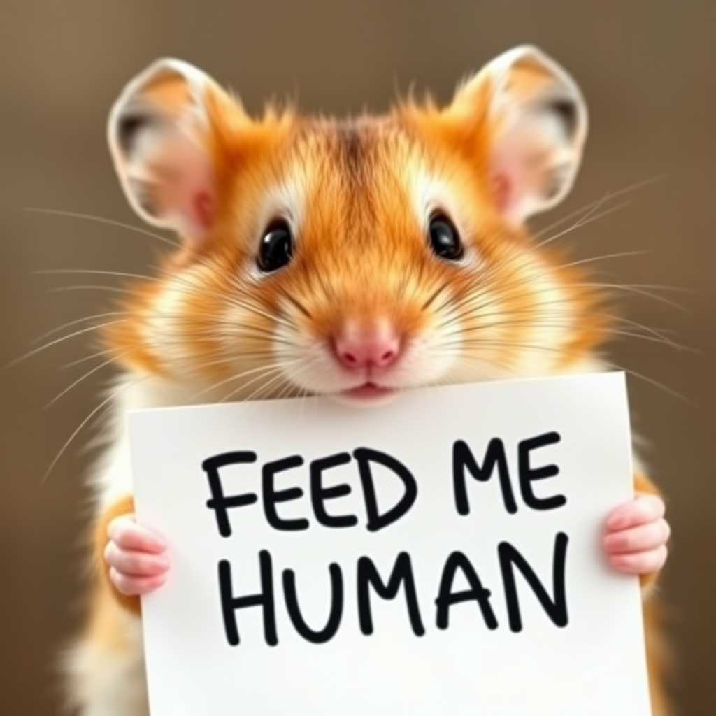 hamster holding a note which says "FEED ME HUMAN"