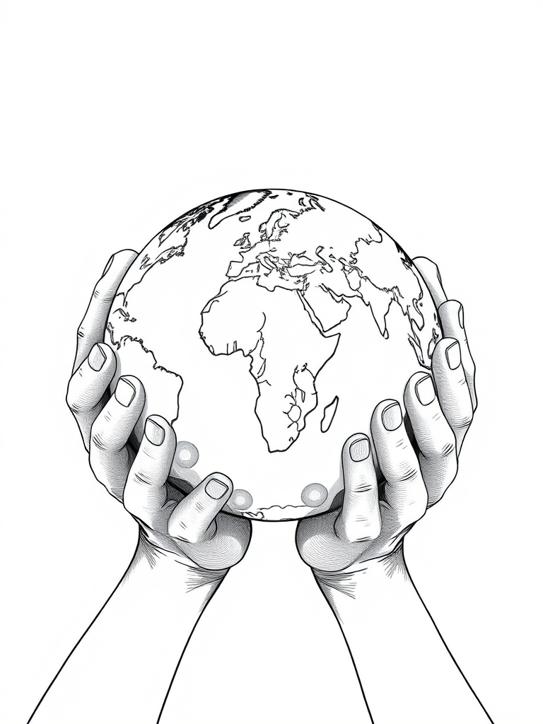 Create a high-resolution illustration of hands gently holding a textured globe depicting continents in a detailed black and white line art style, using a Canon EOS 5D Mark IV camera with a 50mm f/1.8 lens, ISO 100, aperture f/8, and a slight overhead view to capture depth.