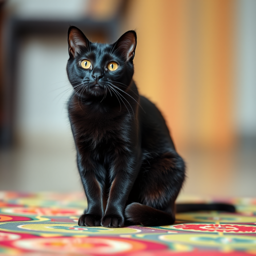 Generate a high-resolution image of a stylized black cat sitting on a colorful mat, soft focus background, using a DSLR camera with a 50mm lens, aperture f/1.8, ISO 200, and a shallow depth of field for enhanced image quality.