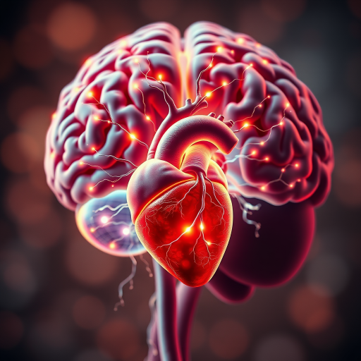Create a highly detailed digital illustration of a human body showcasing the brain and heart with glowing neural connections, shot with a DSLR camera at f/1.8 aperture, ISO 100, 24mm focal length, in a close-up view with a soft focus background to enhance the vivid colors and intricate details.