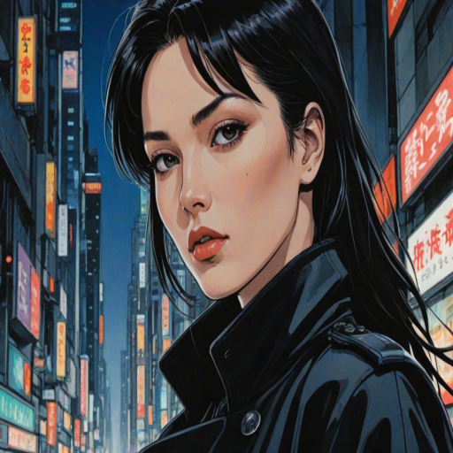 drawing of a closeup on face of woman wearing a long black trench-coat futuristic city in the background in the style of the 90s anime Akira
