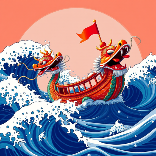 Create a vibrant illustration of a dragon boat sailing through stylized waves, using a Canon EOS R5 with a 35mm lens at f/8, ISO 100, shot in bright daylight, with a focus on vivid colors and intricate details.
