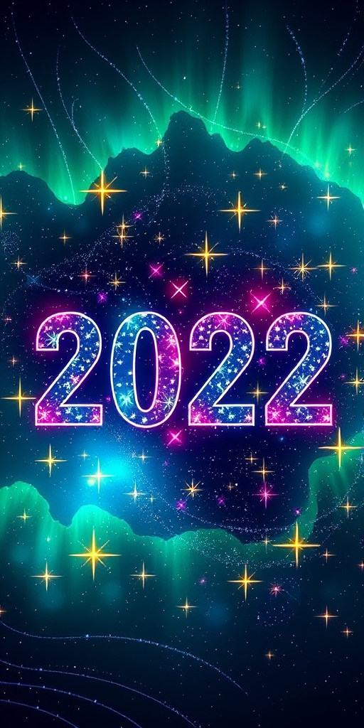 Create a vibrant and colorful illustration of the year 2022 surrounded by sparkling stars and a cosmic background featuring deep greens and blues, captured with a DSLR camera at f/2.8 aperture, ISO 100, 1/60 second shutter speed, wide angle lens, and high dynamic range settings for enhanced clarity and detail.