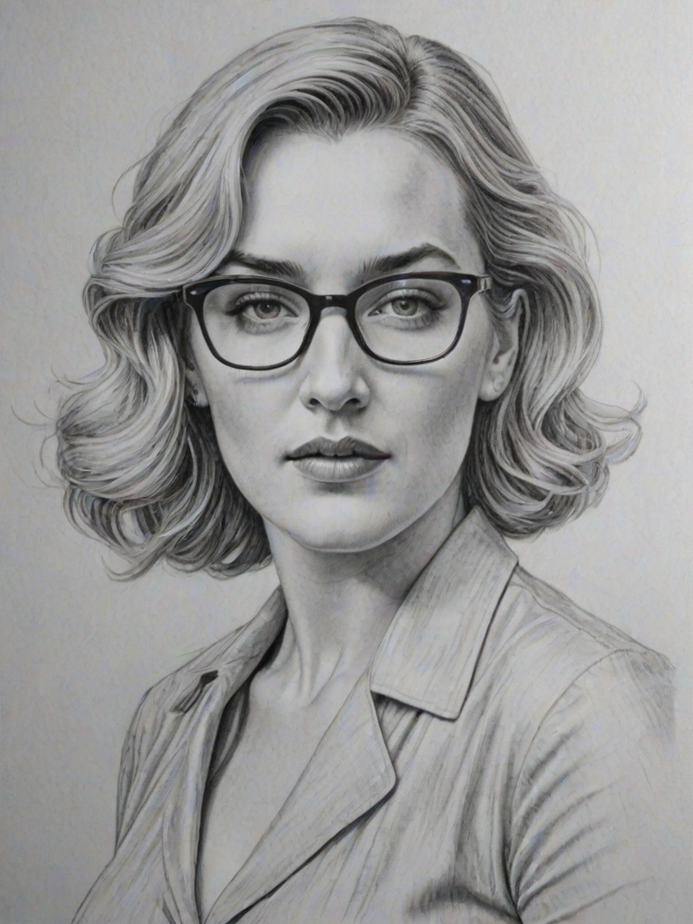 Gorgeous Kate Winslet, pencil sketch, portrait of Alluring woman 1936s in glasses, hair style beatnik, outline, clear lines, fine lines, 8k