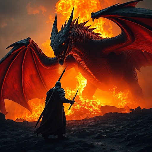 Create an epic fantasy scene depicting a dark knight confronting a fire-breathing dragon against a fiery backdrop, captured with a Canon EOS R5 at f/4, ISO 100, 1/250s, using a wide-angle lens for a dramatic perspective.