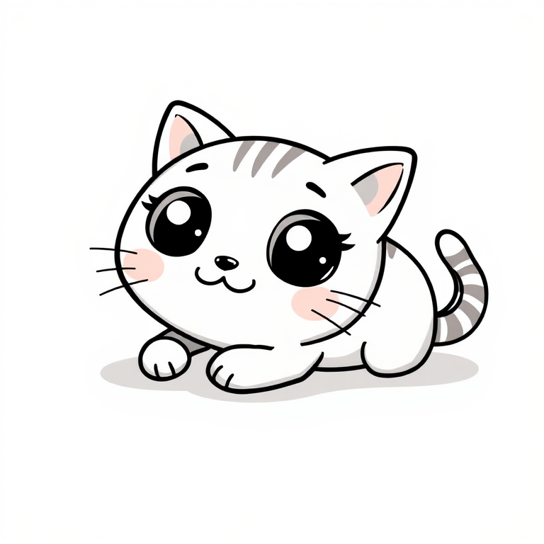 Create a cute cartoon cat lying on its stomach with large expressive eyes and a round body. The cat should have a striped tail and a playful expression, drawn in a simple black outline style on a textured light background.