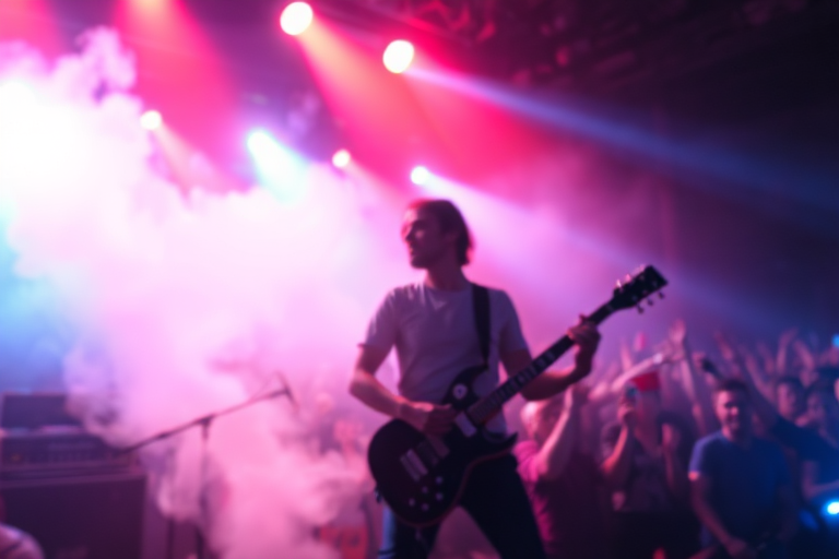 Blurry, dynamic shot of a guitarist strumming on stage under soft red and blue spotlights, smoke swirling in the air, and a cheering crowd barely visible in the background.