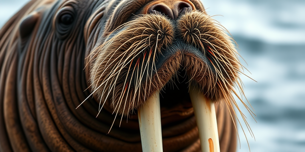 Close-up of a walrus with intricate details on its tusks and whiskers, against a soft ocean background, captured with a Canon EOS R5, 85mm lens, f/1.8 aperture, ISO 100, natural light, shallow depth of field to enhance focus on the walrus.
