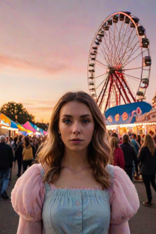 Small-town fairground at sunset, the Ferris wheel turning slowly in the distance, a woman with a cone of cotton candy walks through the crowd, her eyes wide with wonder.